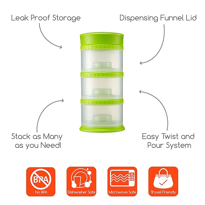 Innobaby Packin' Smart Stackable and Portable Storage System for Formula, Liquid, Baby Snacks and More. 3 Stackable Cups in Lime. BPA Free, 12 Ounce-BubblyBeeBaby