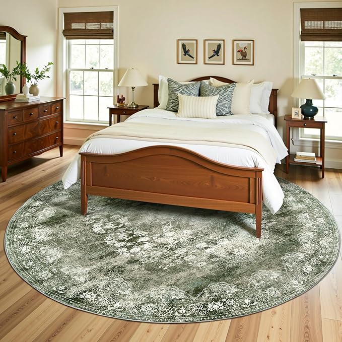 jinchan Round Rug 8ft Area Rug - Green Vintage Floor Mat Kitchen Indoor - Washable Circle 8' Thin Floral Print Carpet Retro Farmhouse Non Slip Dining Room Living Room Bedroom Office-BubblyBeeBaby