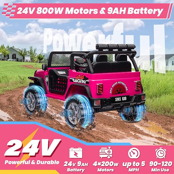 24V 4WD Ride on Truck Car w/800W Motors, Gift Flower, Remote Control, 2 Seaters, Light Bar, 3 Speeds, Pop Music, Power Four Wheels, 24 Volt Ride on Toy Car for Big Kids, Rose Red-BubblyBeeBaby