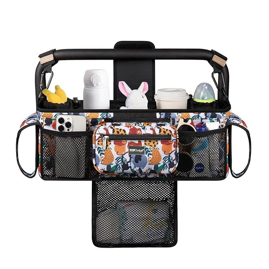 TOPDesign Universal Baby Stroller Organizer, Double Stroller Caddy with Detachable Mesh Bag & Heightened Insulated Cup Holders & Non-Slip Secure Hooks Accessories, Fits Most Strollers (Zoo)-BubblyBeeBaby