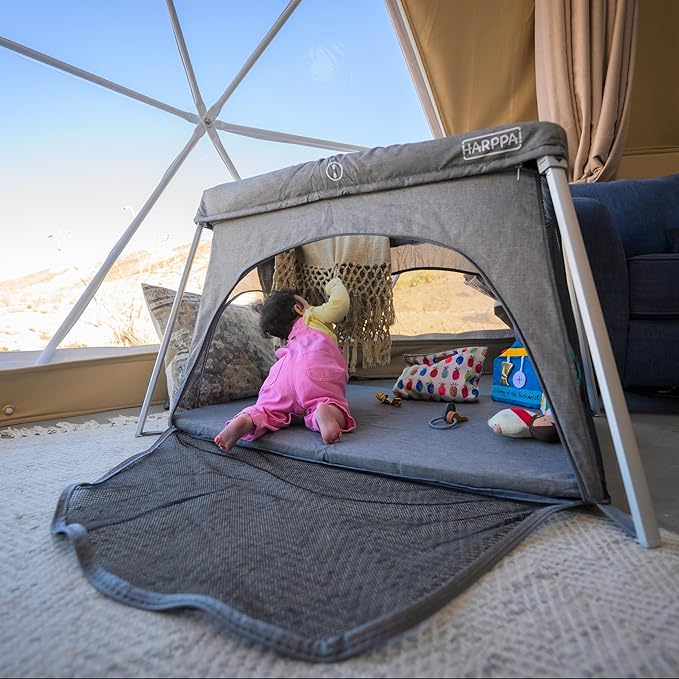 HARPPA Travel Crib with Comfy Mattress, Lightweight Portable Crib Requires No Assembly, Foldable Pack and Play for Baby and Toddlers, Compact Play Yard with Bed,Gray-BubblyBeeBaby