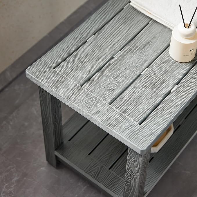 Heavy Duty Shower Bench for Inside Shower Waterproof, Large HDPS Bath Stool for Shaving Legs, Gray Poly Lumber Foot Stool, Plastic Bathroom Bench Seat with Storage Shelf, Outdoor/Indoor Use-BubblyBeeBaby