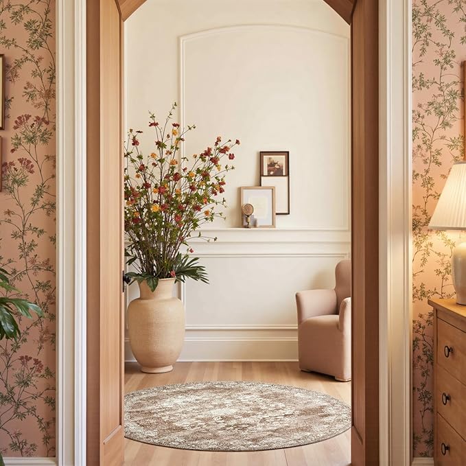 jinchan Round Rug 5ft Area Rug - Brown Vintage Floor Mat Kitchen Indoor - Washable Circle 5' Thin Floral Print Carpet Retro Farmhouse Non Slip Dining Room Living Room Bedroom Office-BubblyBeeBaby