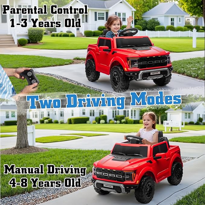 12V Ride on Car Licensed Ford F-150 Raptor, Kids Electric Car with Remote Control, LED Light/Music/MP3, Truck Bed Storage, 3-Point Seat Belt (12V, Red)-BubblyBeeBaby