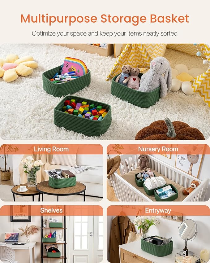 KALLAX Small Woven Basket, 12 x 8 x 4.5 Inches, Storage Basket for Organizing, Cute Small Rope Shelf Closet Cube Storage Bins Baskets for Shelves, Dog Toy Gift Baskets Empty, 3 Packs, Green-BubblyBeeBaby