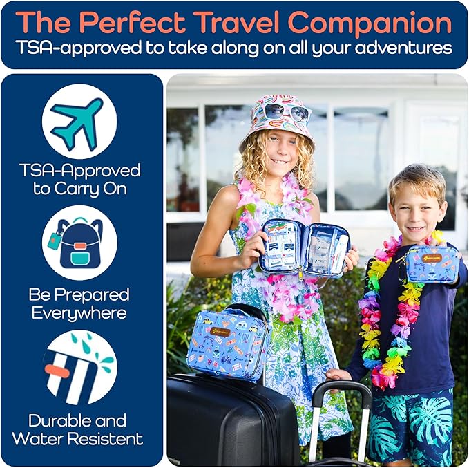 Keep Going Travel First Aid Kit for Kids – 130 Pc. for Car, Purse, Diaper Bag, Backpack, & Suitcase, with Latex-Free Bandages – 7 x 5 x 2 in. Travel First Aid Kit TSA-Approved-BubblyBeeBaby