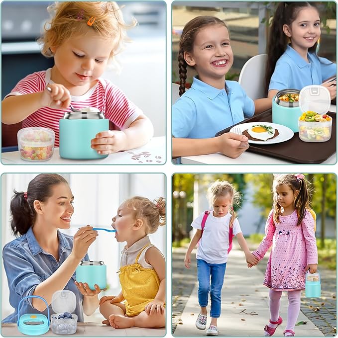 2-in-1 Insulated Food Jar & Snack Container - 15oz Kids Soup Thermos for Hot Food with Handle and Spoon, Leak Proof Reusable Toddler Snack Box, Perfect for School & Travel, Tiffany Blue-BubblyBeeBaby