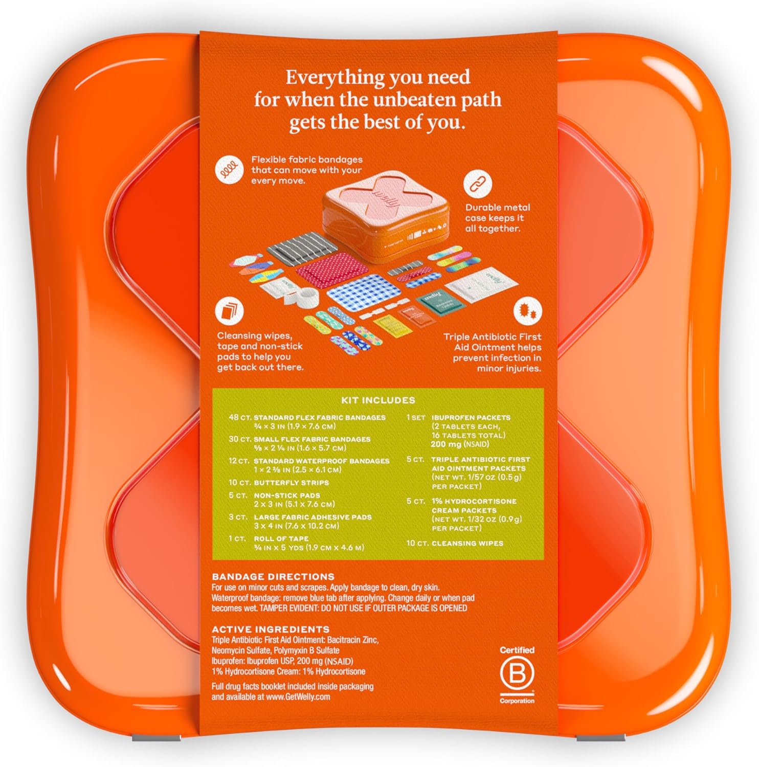 Welly First Aid Kit - Adhesive Flexible Fabric and Waterproof Bandages, Tape and Non-Stick Pads, Butterfly Strips, Single Use Ointments Triple Antibiotic and Hydrocortisone, and Ibuprofen - 130 Count