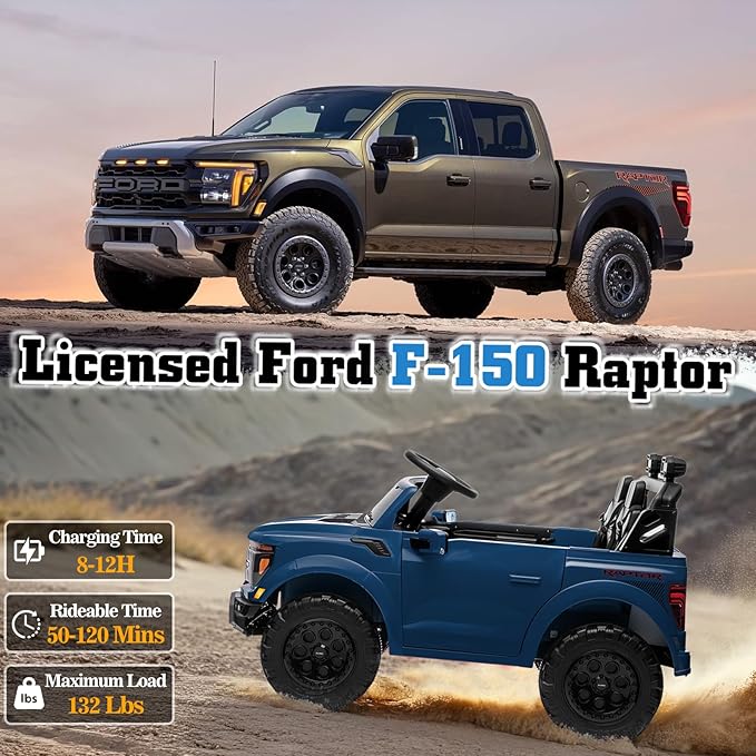 24V Ride on Car Licensed Ford F-150 Raptor, Kids Electric Car with Remote Control, LED Light/Music/MP3, Truck Bed Storage, 3-Point Seat Belt (24V, Blue)-BubblyBeeBaby