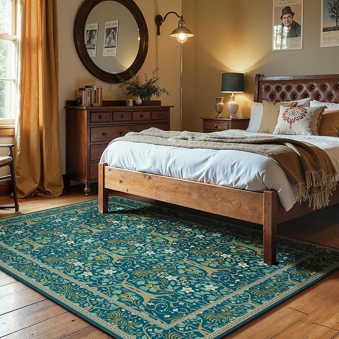 Joydeco Washable Area Rugs 5x7, Boho Floral Dining Room Rug Non Slip, Soft Low-Pile Botanical Forest Indoor Floor Throw Carpet for Living Home Office Playroom Foyer, Dark Blue-BubblyBeeBaby