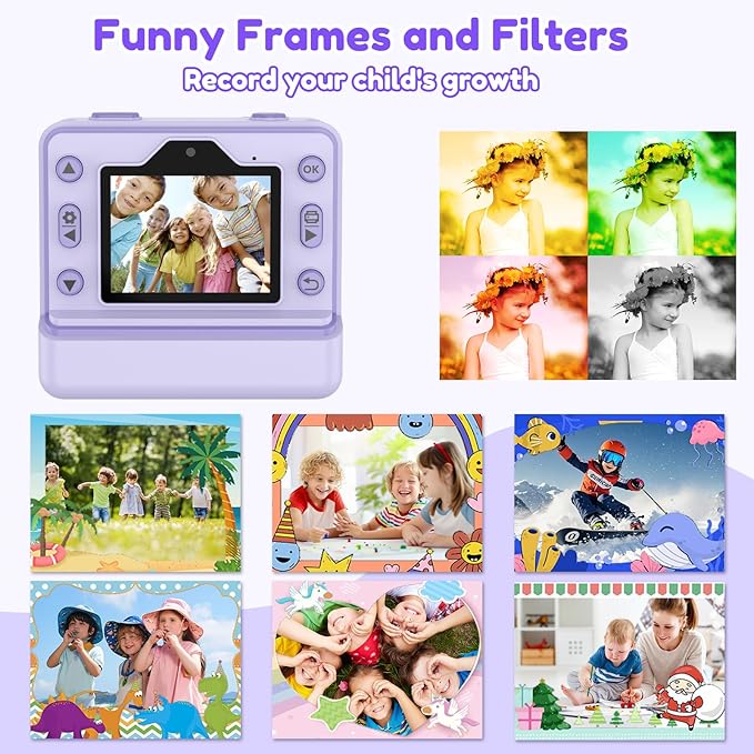 Instant Camera, Instant Print Camera for Kids with 1080P Videos, Front Rear Dual Selfie, 3 Rolls Print Paper & 32GB SD Cards, Christmas Birthday Gifts for Girls Age 3-12-BubblyBeeBaby