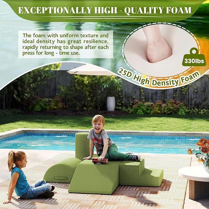 jela Foam Blocks 6Pcs Soft Play Equipment Waterproof Fabric, UV Resistant Toddler Climbing Toys Indoor& Outdoor Soft Play Climbing for Toddlers, Lightweight Climbing Blocks for Babies, Kids (Green)-BubblyBeeBaby