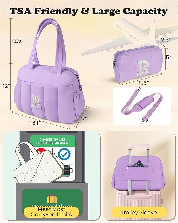 Initial Duffle Bag, Carry On Bags for Women，Gifts for Granddaughter-Overnight Bag with Wet Pocket，Lightweight Travel Bags Personalized Gym Tote with Makeup Pouch-BubblyBeeBaby