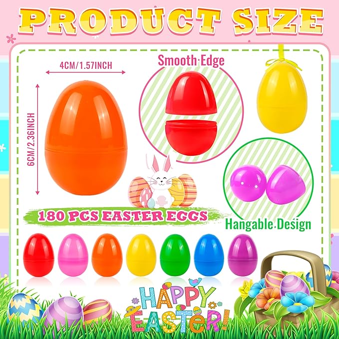 180Pcs Easter Eggs, 2.3" Fillable Bright Colors Plastic Easter Eggs Empty for Easter Hunt, Easter Basket Stuffers, Party Favor, Classroom Prize Supplies ﻿-BubblyBeeBaby
