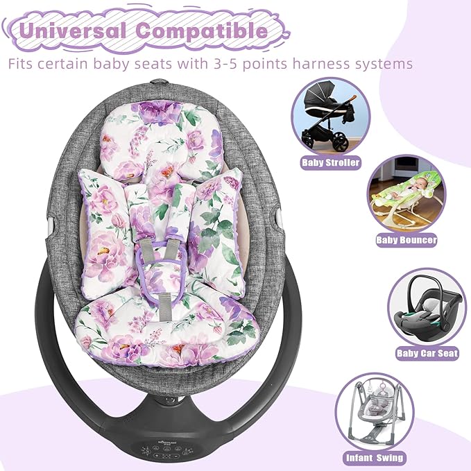 Infant Car Seat Insert, Soft Baby Car Seat Head & Body Support for Girl Boy, Reversible Newborn Preemie Carseat Insert Cushion with 3 Straps Pads Fits CarSeat, Stroller, Swing, Bouncer, Purple Floral-BubblyBeeBaby