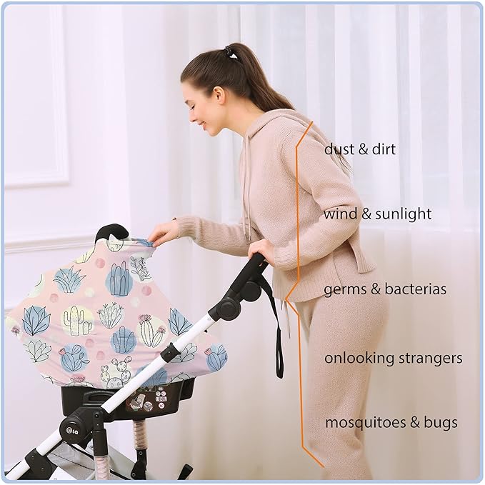 Car Seat Covers for Babies - Multi- use Nursing Carseat Canopy, Breastfeeding Covers, Baby Shower Gifts for Boys and Girls (Cactus)-BubblyBeeBaby