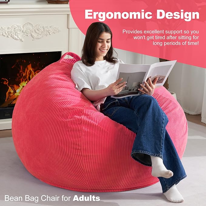 Homguava 3.5FT Bean Bag Chair: Teardrop Bean Bags with Memory Foam Filled, Compact Beanbag Chairs Soft Sofa with Corduroy Cover (Pink)-BubblyBeeBaby