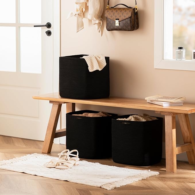 joybest Cube Storage Bins Set of 4, 13inch Cube Baskets Organizer for Nursery, Square Cotton Rope Baskets for Shelves Organizing, Kids Toy, Closet Storage, Black-BubblyBeeBaby