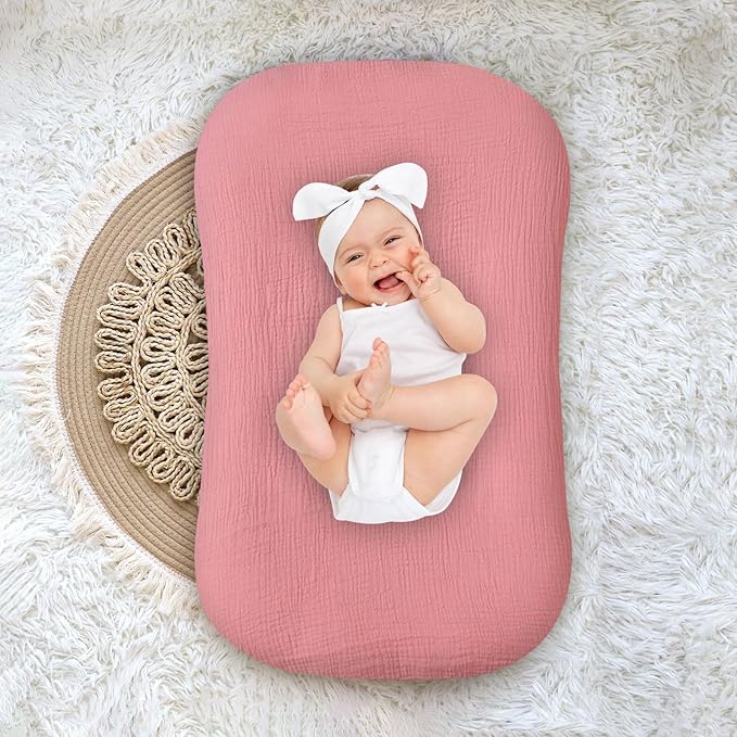 Hooyax Baby Lounger Cover 2 Pack - 100% Muslin Cotton Newborn Lounger Pillow Covers Only, Soft Breathable Infant Lounger Cover with Reinforced Stitching, Fits Most Standard Baby Loungers (Grey Pink)-BubblyBeeBaby