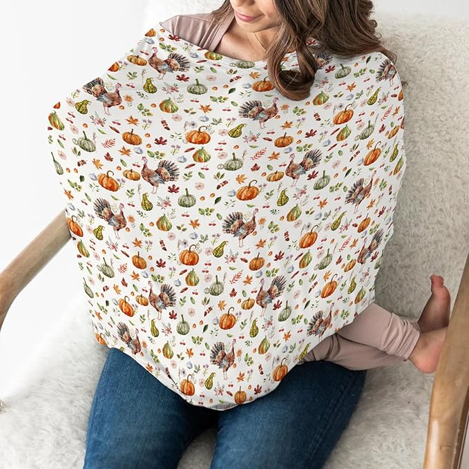Thanksgiving Turkey Pumpkins Car Seat Covers Vintage Autumn Leaves Stretchy 5-in-1 Cover Adjustable Infant Carseat Cover Canopy Fall Harvest Breathable Nursing Cover-Up-BubblyBeeBaby