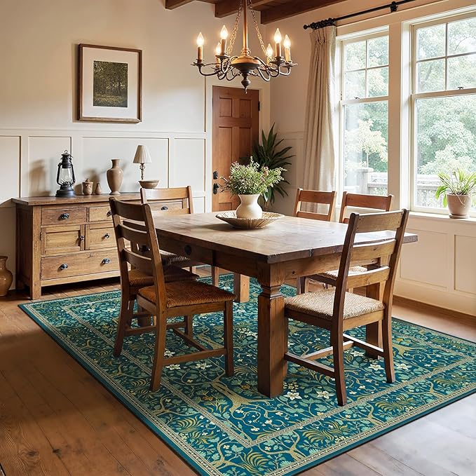 Joydeco Washable Area Rugs 5x7, Boho Floral Dining Room Rug Non Slip, Soft Low-Pile Botanical Forest Indoor Floor Throw Carpet for Living Home Office Playroom Foyer, Dark Blue-BubblyBeeBaby