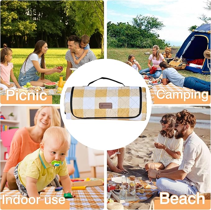 HX&OD Outdoor Picnic Blanket, Extra Large, 80''x80'' Waterproof Foldable Blankets Gingham Picnic Mat for Beach, Camping Grass Lawn Park Accessories Cute Couple Ideas Wedding (Yellow, 80”x80”)-BubblyBeeBaby
