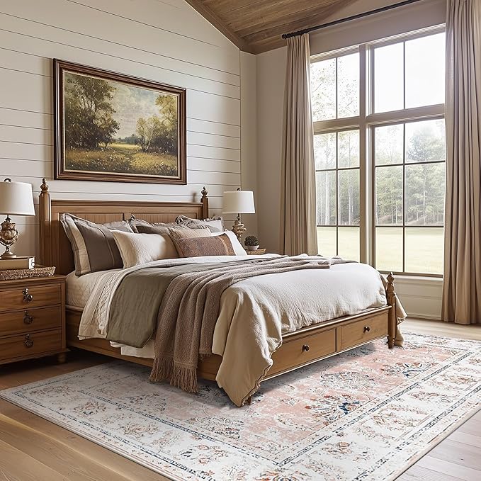 jinchan 6x9 Area Rugs for Living Room - Machine Washable Vintage Floral Distressed Design Stain Resistant Boho Carpet Ultra-Thin Low Pile Non-Slip for Bedroom Dining Room Office (6‘x9',Pink)-BubblyBeeBaby