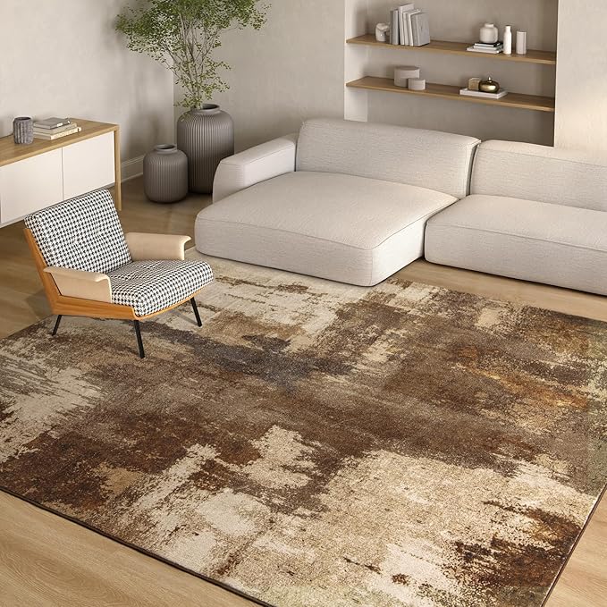 Kelarea Living Room Rug, 4x6 Rug Modern Abstract Washable Rugs Brown Foldable Faux Wool Vintage Carpets, Non Slip Rug for Bedroom, Dining Room, College Dorm, Kids Playroom, Home Office-BubblyBeeBaby
