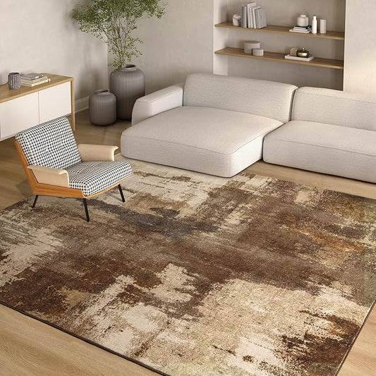 Kelarea Living Room Rug, 4x6 Rug Modern Abstract Washable Rugs Brown Foldable Faux Wool Vintage Carpets, Non Slip Rug for Bedroom, Dining Room, College Dorm, Kids Playroom, Home Office-BubblyBeeBaby