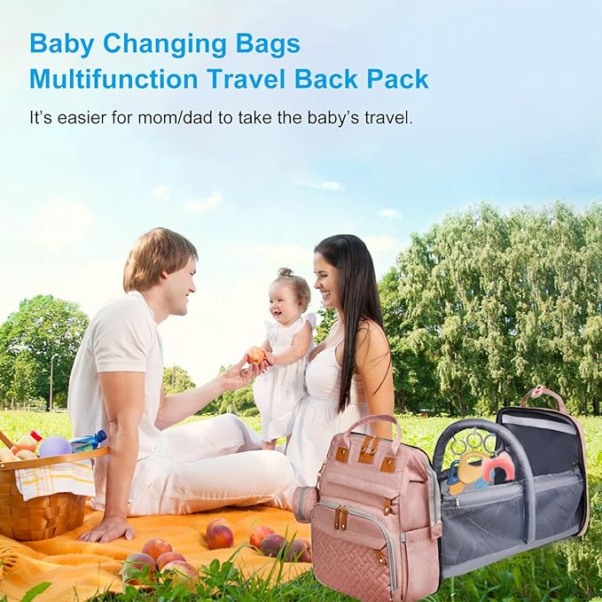 Jeryswet Baby Diaper Bags with Changing Station, Waterproof Large Capacity Diaper Bag Backpack for Moms Dads with USB Charging Port and Stroller Straps, Baby Shower Gifts, Pink-Grey-BubblyBeeBaby