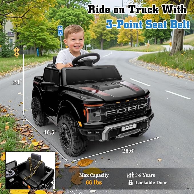 12V Ride on Car Licensed Ford F-150 Raptor, Kids Electric Car with Remote Control, LED Light/Music/MP3, Truck Bed Storage, 3-Point Seat Belt (12V, Black)-BubblyBeeBaby