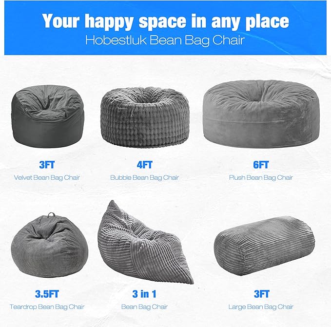 Hobestluk 3FT Bean Bag Chairs Adult Bean Bag with Portable Handle Comfy Large Bean Bag Chair with Removable Cover for Living Room Bedroom or Reading Nook (Stripe Grey, 3FT)-BubblyBeeBaby