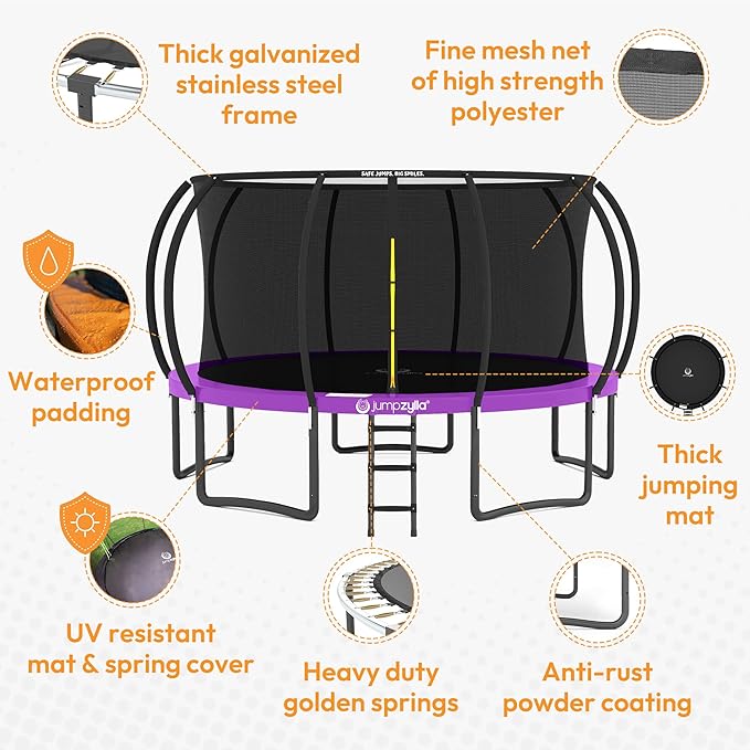 JUMPZYLLA Trampoline Outdoor 8FT 10FT 12FT 14FT 15FT 16FT with Enclosure and Ladder, ASTM Approved Recreational Trampoline for Kids and Adults, Anti-Rust Coated Frame-BubblyBeeBaby