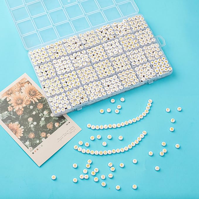 1400pcs Letter Beads, 4x7 mm Acrylic Alphabet Beads, Beads for Jewelry and Bracelet Making, in 28 Grid Box (White and Gold)-BubblyBeeBaby