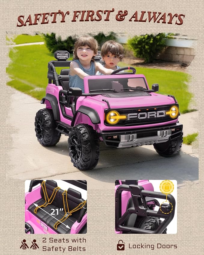 24V Ride on Toys for Big Kids, Licensed Ford Bronco Raptor 2 Seater Ride on Cars with Remote Control, Ride on Truck w/ 4-Wheeler Suspension, 3 Speeds, Led Lights, Bluetooth (24V, Pink)-BubblyBeeBaby