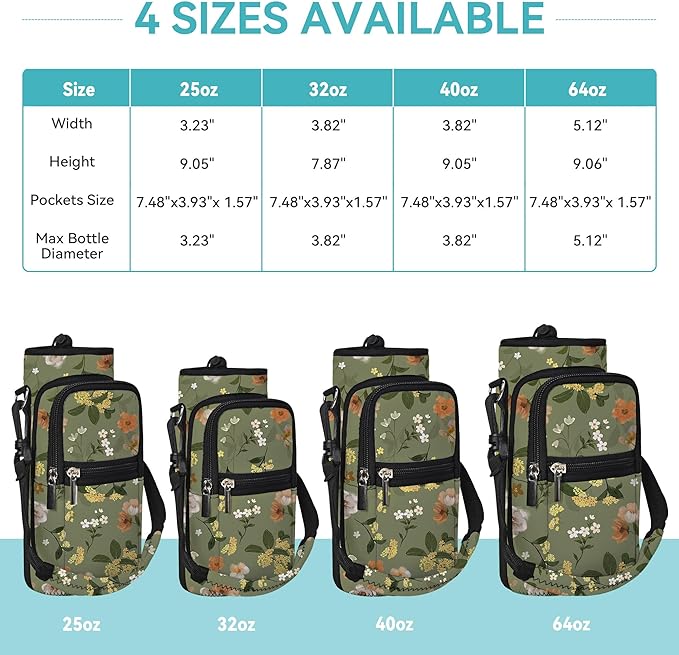 25/32/40/64oz Water Bottle Bag Holder Carrier-Insulated Crossbody Sling Case Sleeve with Strap & Pockets for Men Women Gym Cycling Travel Walking Hiking Camping-BubblyBeeBaby