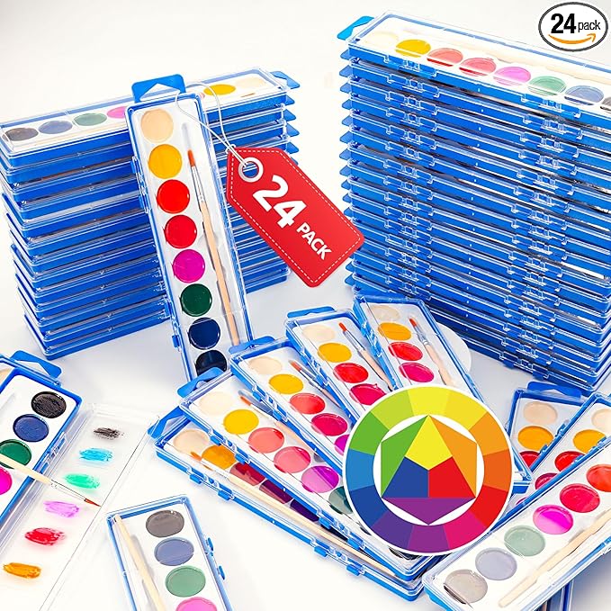 24 Pack Watercolor Paint Set for Kids - 8 Washable,Bright Colors with Paintbrush Watercolor Paint Bulk for Kids Party Favors,Classrooms Supplies,Art Lessons-BubblyBeeBaby