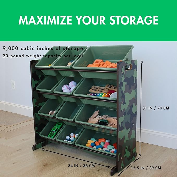 Humble Crew Kids Toy Storage Organizer with 12 Plastic Bins, Camo – Removable Bins for Playroom, Bedroom, Toddler Furniture for Boys and Girls Ages-BubblyBeeBaby