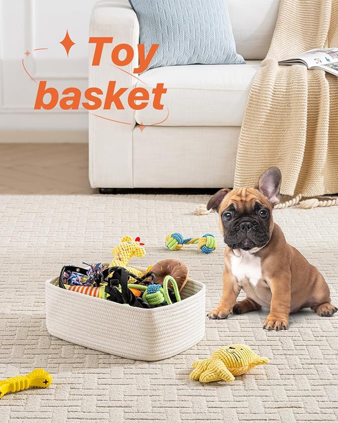 KALLAX Small Woven Basket, 13.5 x 9.5 x 5 Inches, Storage Basket for Organizing, Cute Small Rope Shelf Closet Cube Storage Bins Baskets for Shelves, Dog Toy Gift Baskets Empty, 3 Packs, Off White-BubblyBeeBaby