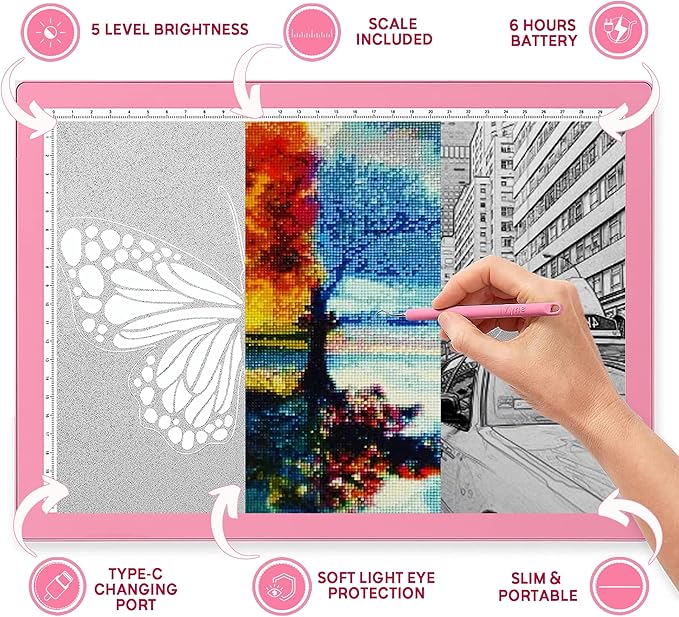 iVyne Rechargeable A4 Light Pad for Tracing & Weeding - LED Light Board for Weeding Vinyl - for Cricut Vinyl Weeding Tools - Ultra-Thin & Portable - Perfect for Artists & Crafters - Pink-BubblyBeeBaby