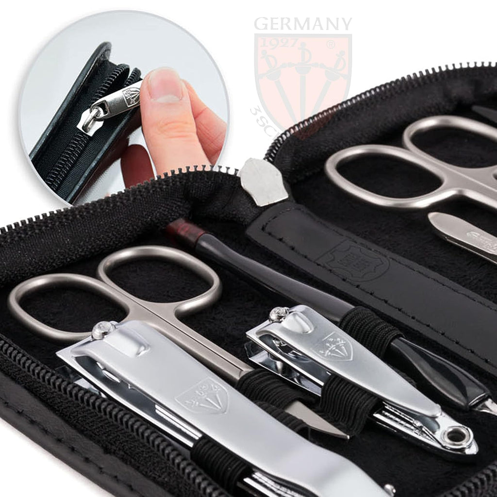 3 Swords Germany – brand quality 8 piece manicure pedicure grooming kit set for professional nail care with genuine leather case black - Made in Germany