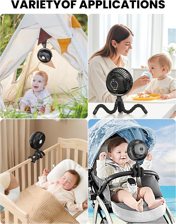 AMACOOL Baby Stroller Fan - 5000mAh Rechargeable, 3-Speed, Strong Yet Quiet, 360°Rotate Portable Clip on Fan for Travel, Car Seat, Crib, Bike, Treadmill, Beach Vacation Essentials-BubblyBeeBaby