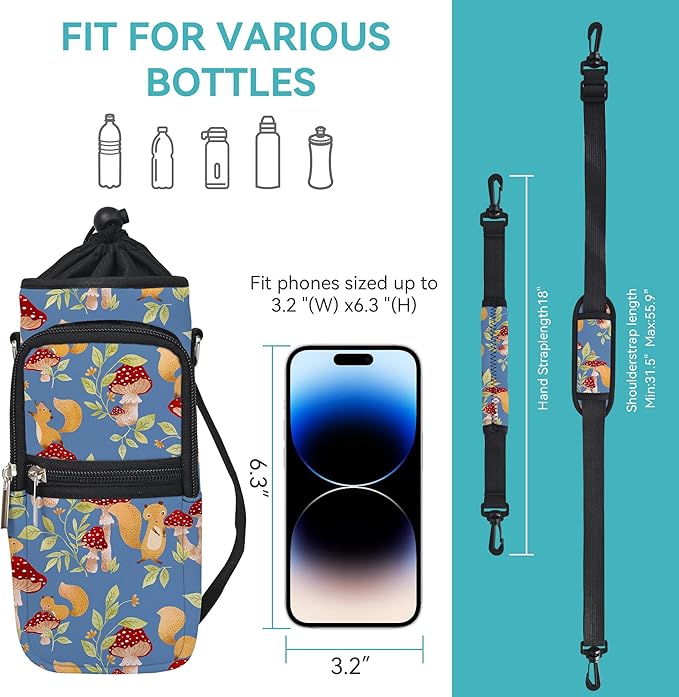 25/32/40/64oz Water Bottle Bag Holder Carrier-Insulated Crossbody Sling Case Sleeve with Strap & Pockets for Men Women Gym Cycling Travel Walking Hiking Camping-BubblyBeeBaby