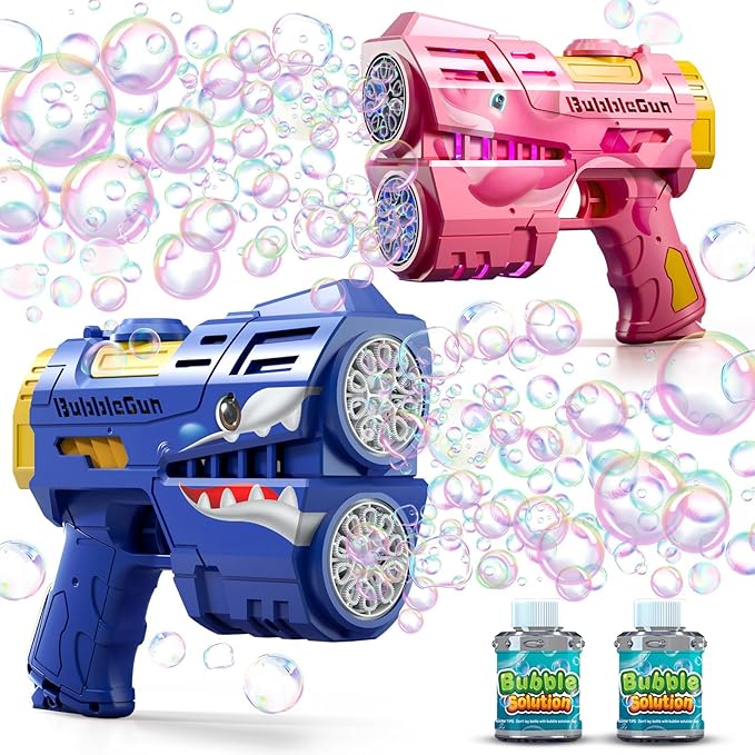 Jasny 2 Pack Bubble Guns for Kids, Rechargeable LED Light Up Dinosaur Bubbles Machine Blower with 2 Bottles Refill Solution for Toddlers 4-8, Birthday Gift-BubblyBeeBaby