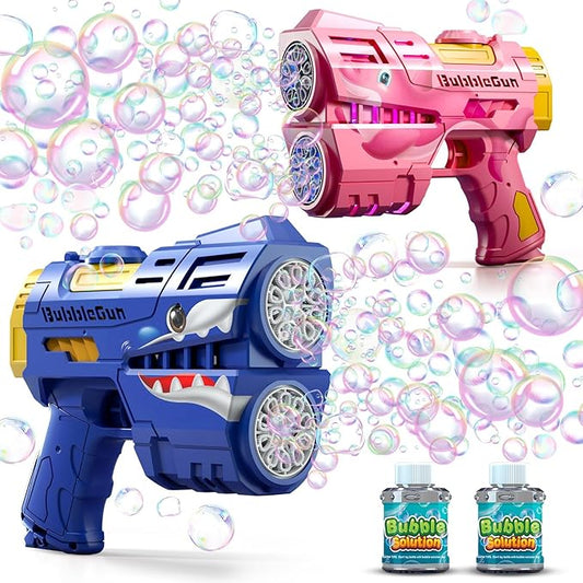 Jasny 2 Pack Bubble Guns for Kids, Rechargeable LED Light Up Dinosaur Bubbles Machine Blower with 2 Bottles Refill Solution for Toddlers 4-8, Birthday Gift-BubblyBeeBaby