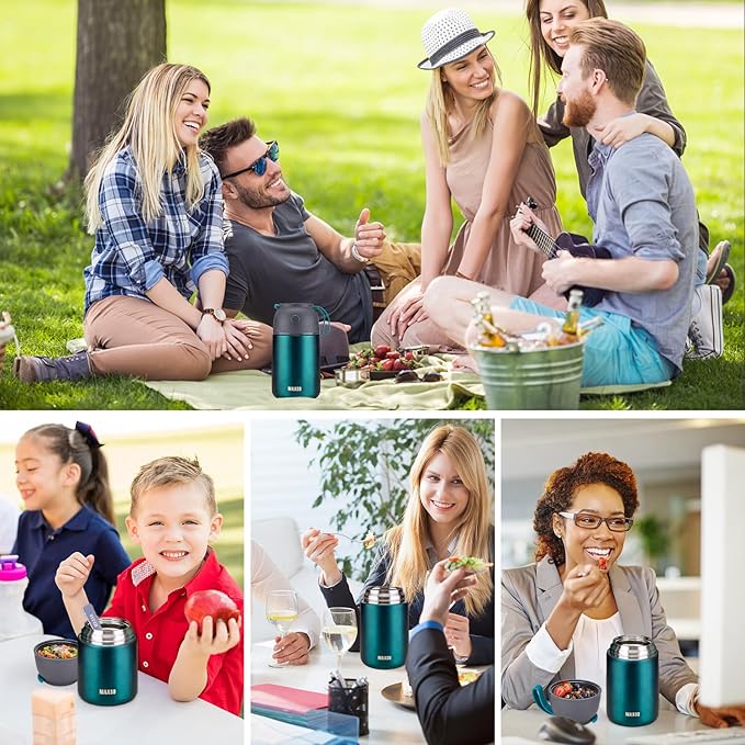 Insulated Thermo Food Jar for Hot & Cold Food for Kids Adult, 17&24 oz Soup Thermal Hot Food Containers for Lunch, Triple Layer Insulation Stainless Steel Food Jar with Spoon(2 Pack Green)-BubblyBeeBaby