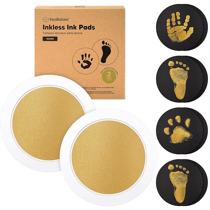 2-Pack Round Inkless Baby Hand and Footprint Kit - Mess Free Ink Pad for Newborn Keepsake, Dog Nose & Paw Print Kit, Clean Touch Ink Pad for Baby Hand & Footprints, Ideal New Mom Gifts (Gold)-BubblyBeeBaby