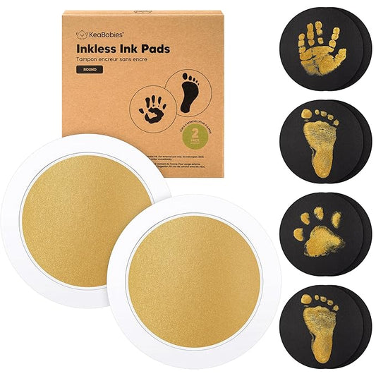 2-Pack Round Inkless Baby Hand and Footprint Kit - Mess Free Ink Pad for Newborn Keepsake, Dog Nose & Paw Print Kit, Clean Touch Ink Pad for Baby Hand & Footprints, Ideal New Mom Gifts (Gold)-BubblyBeeBaby