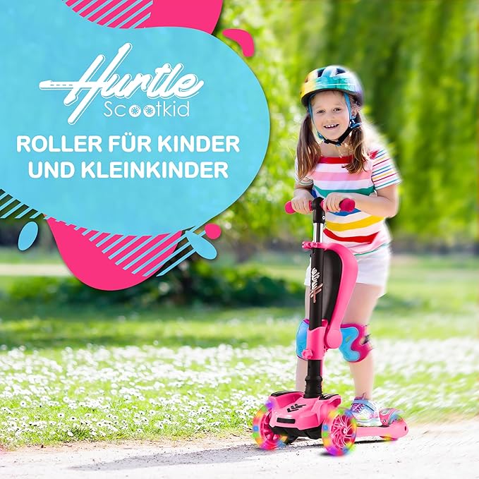 Hurtle 3-Wheeled Scooter for Kids - Wheel LED Lights, Adjustable Lean-to-Steer Handlebar, and Foldable Seat - Sit or Stand Ride with Brake for Boys and Girls Ages 1-14 Years Old-BubblyBeeBaby