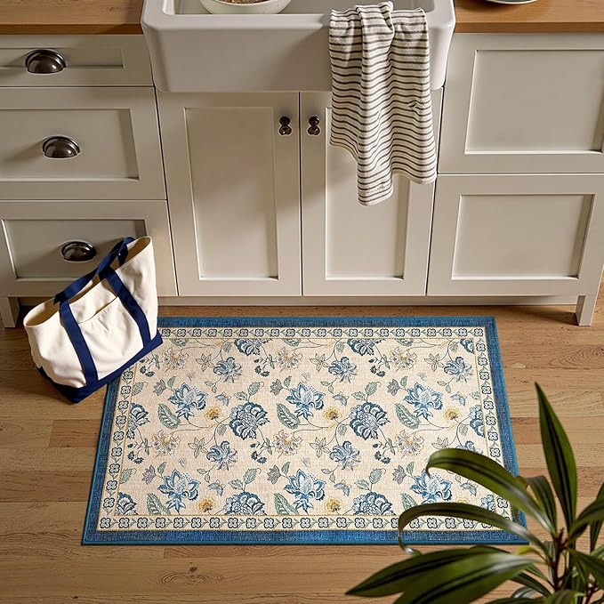 jinchan 2x3 Floral Rug for Entryway Washable Kitchen Rug Vintage Romance Design Small Mat Non Slip Indoor Doormat Lightweight Low-Profile Throw Carpet for Entrance Bathroom Laundry Room, Blue/Beige-BubblyBeeBaby